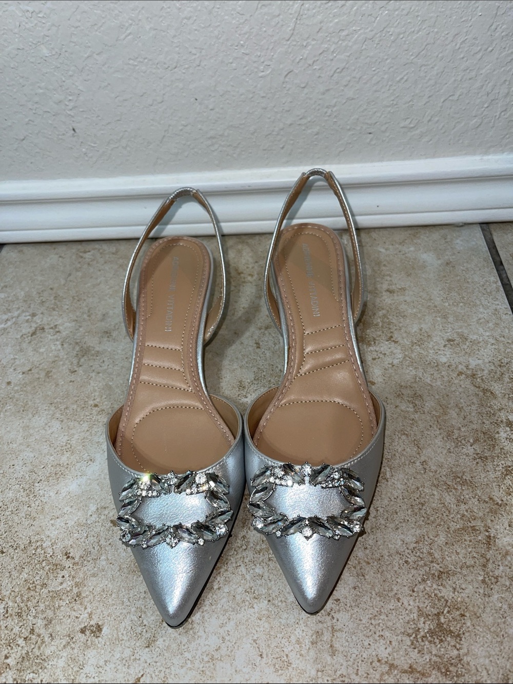 Adrienne Vittadini Silver Jeweled Pointed Slingback with kitten heel